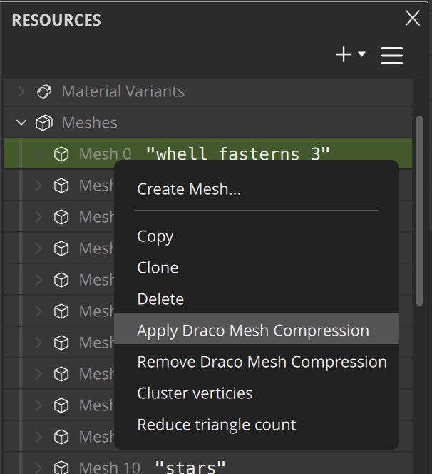 A screenshot showing how to select draco mesh compression from the mesh context menu